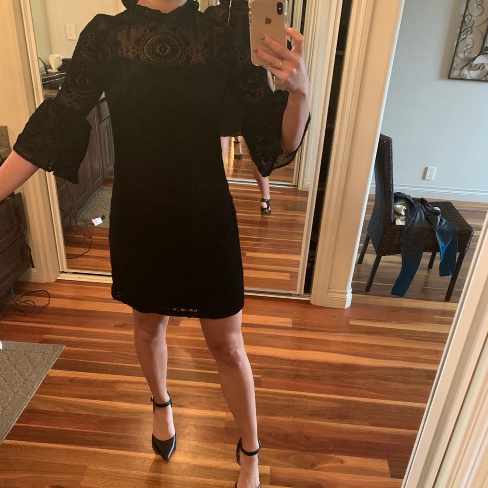 Calvin Klein black lace ruffle high neck dress